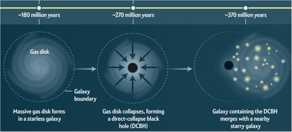DIRECT-COLLAPSE SCENARIO If star formation stalled in a budding galaxy, the entire gas disk could have collapsed into a black hole.