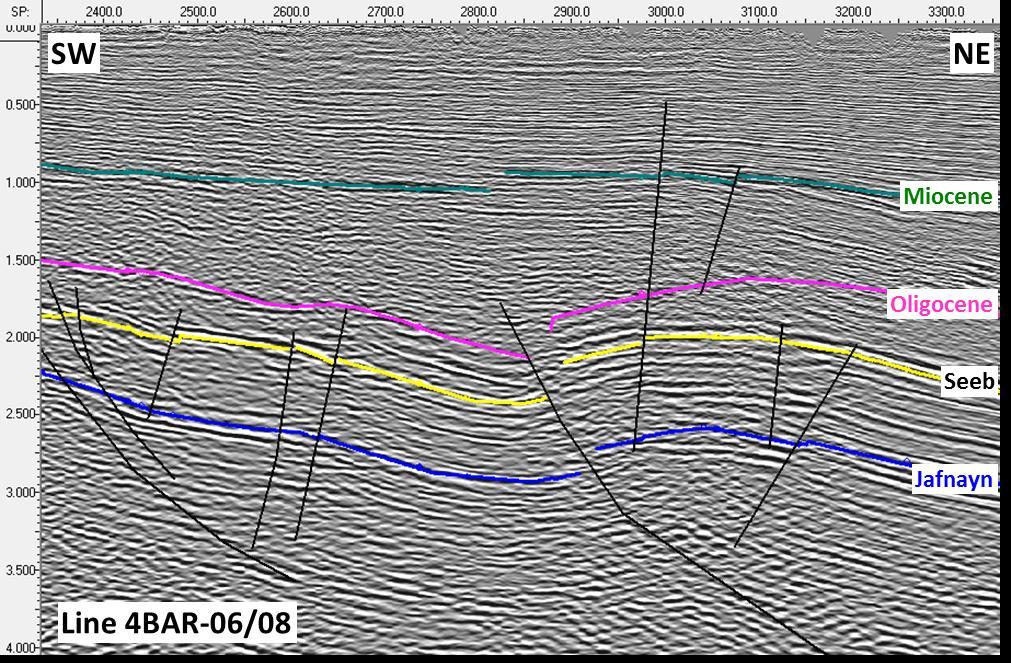 SW to NE seismic line (4BAR-06/08) illustrating structure. Evidence of thrusting visible as are antithetics which create fault-bounded closures.