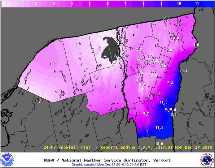 Figure 1: Twenty-four hour snowfall totals on 27 December 2010 for the northern Vermont forecast area covered by the National Weather Service - Burlington.