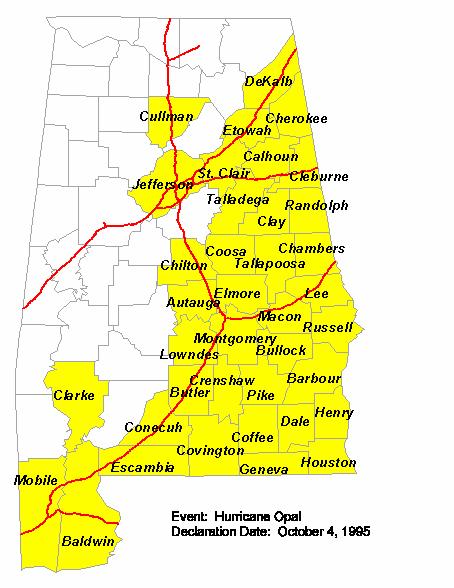 Map 5-2. Alabama Counties affected by Hurricane Opal Hurricane Danny made landfall in Mobile Bay on July 19, 1997.