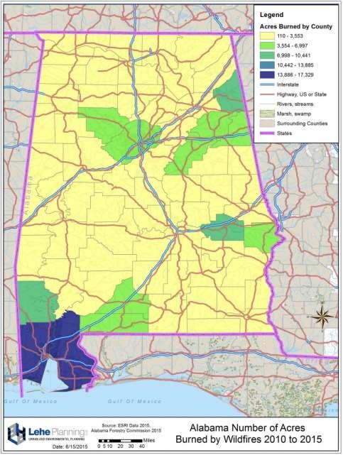 Previous Occurrences of Wildfires Among Alabama counties, Baldwin County is annually ranked in the top two in number of acres lost to wildfires, from 2010 to 2015 (Map 5-11).