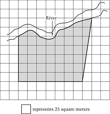 24. On the scale drawing above, the shaded area represents a piece of property along the river. Which of the following measurements is the best estimate of the area of the property? A.