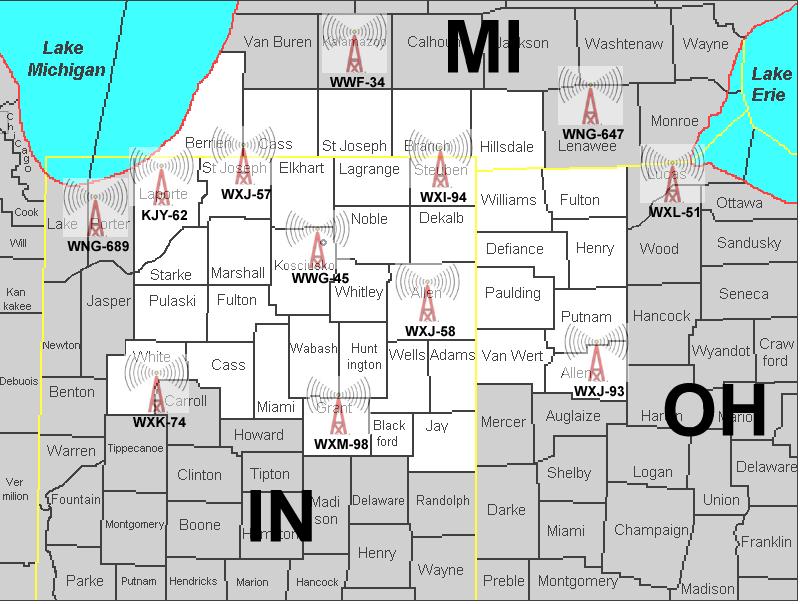 NOAA All-Hazards Radio Coverage Areas Fort Wayne WXJ-58, 162.550 Mhz Marion WXM-98, 162.450 Mhz South Bend WXJ-57, 162.400 Mhz Angola WXI-94, 162.