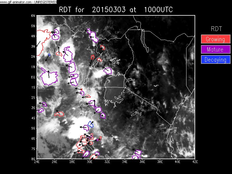 Satellite products: RDT for 3 March 2015 from 1000 to 2130 UTC Lake Victoria (East Africa) Severe hail