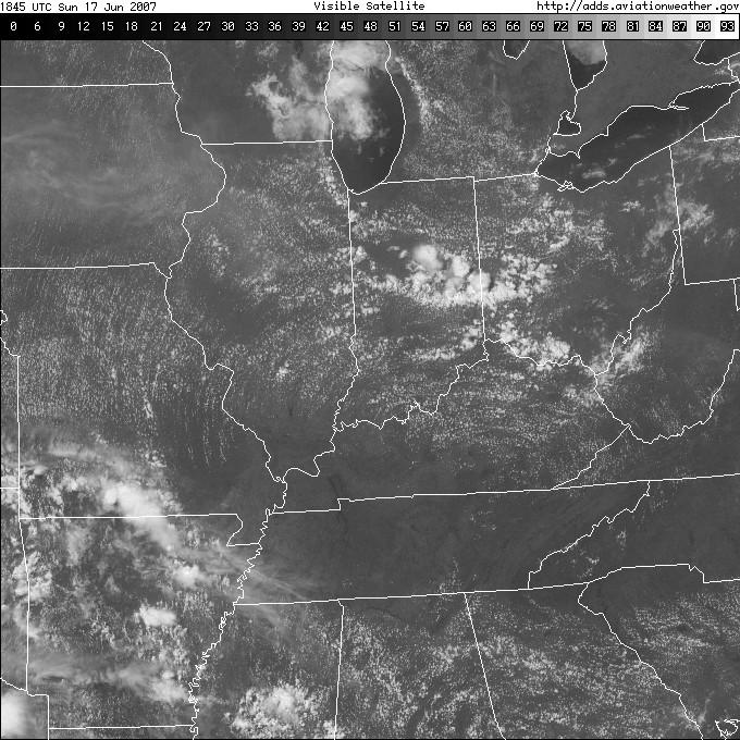 Visible image for 1 hour later, showing thicker cumulus development inland as well as the lake