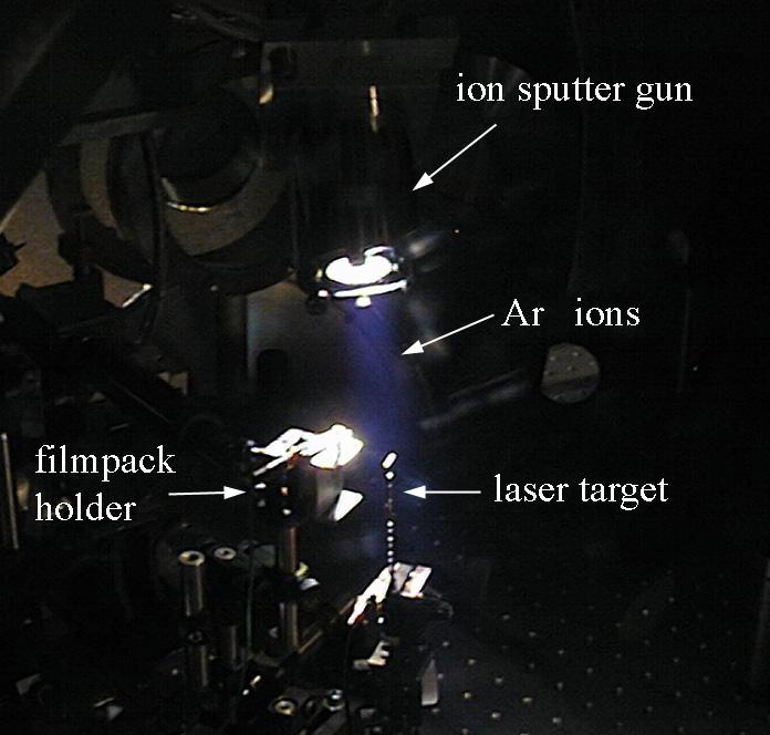 Source is positioned to etch back surface of the laser target.