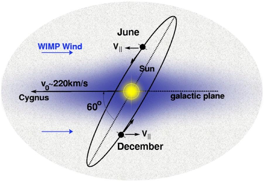 Earth is moving through dark matter halo ( dark matter not moving) MAX signal ~ June 2 Dark
