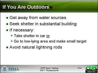 What should you do if you get caught outside during a severe thunderstorm? Summarize the discussion by making the points shown in the slide.