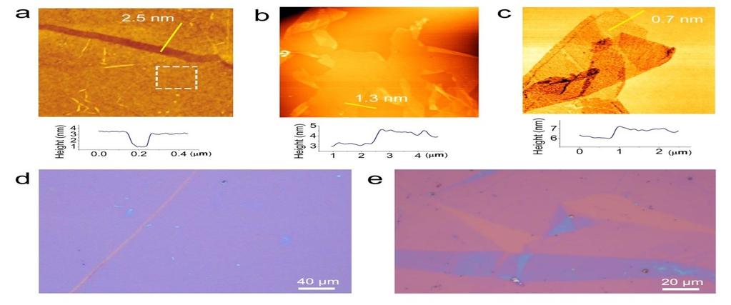 Supplementary Figure S1. AFM characterizations and topographical defects of h- BN films on silica substrates. (a) (c) show the AFM height topographies of h-bn film in a size of ~1.5µm 1.