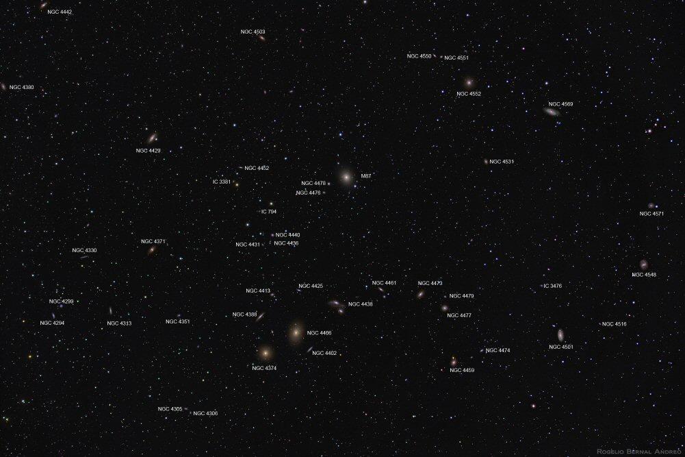 THE VIRGO COMA GALAXY CLUSTER Part of the Galaxy Cluster in Virgo and Coma Berenices with M87 towards the centre To the east (left) of the constellation of Leo is a cluster of Galaxies known as the