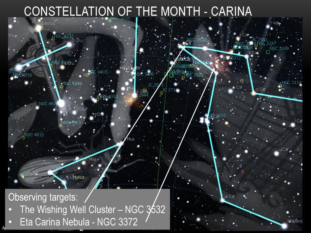 Carina is the keel of the ancient Argo Navis constellation which was a ship that carried Jason and the Argonauts on their quest for the Golden Fleece.