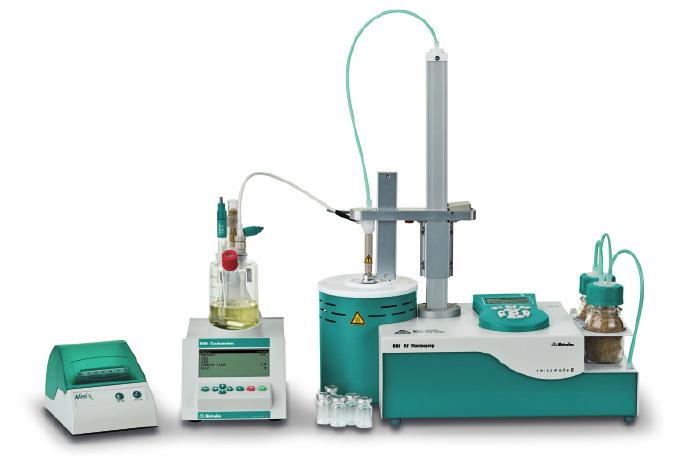 Here, the water contained in the sample is first removed by heating the sample and is then transported by a dry carrier gas into the titration cell, where the