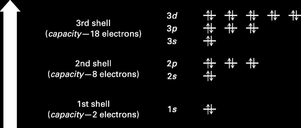 Electronic Configuration diagrams First shell contains one s orbital, denoted 1s, holds only two electrons Second shell contains one s orbital (2s) and three p