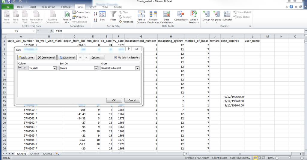 Figure 2: Sorting well data with respect to years To make the tables less messy, I selected only the years that I was looking into (171 and 178 respectively) and I deleted the rest (for both Travis