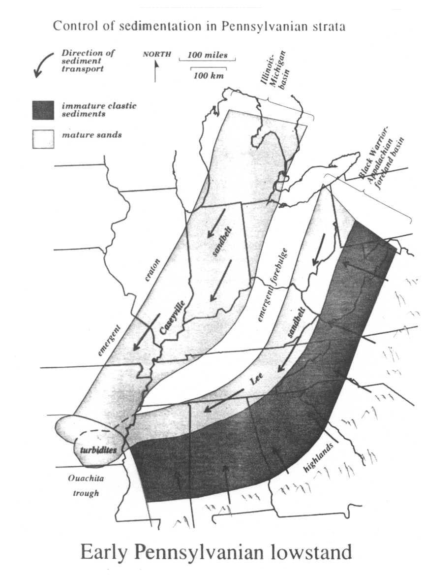 Figure 4.Paleogeography during an Early Pennsylvanian extreme lowstand. Arrows indicate direction of clastic transport.