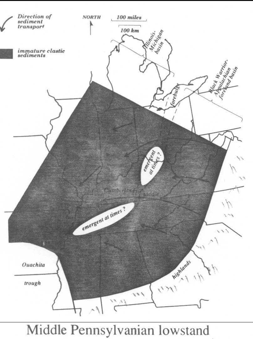 Control of sedimentation in Pennsylvanian strata Figure 6. Paleogeography during a Middle Pennsylvanian extreme lowstand. Arrows indicate direction of clastic transport.