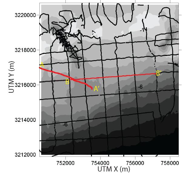 Supplementary Figure DR2. Bathymetric data coverage for November 2005 and grid interpolation transects used to quantify grid uncertainty at locations where no empirical data exist.