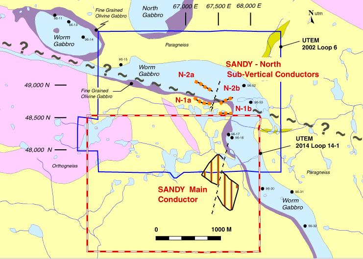 SVB Sandy Target Drill ready shallow conductors from 2014 UTEM survey 2002 UTEM survey Indications of conductor at S edge
