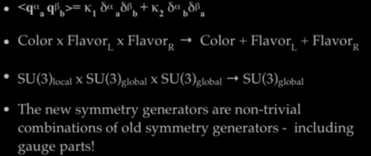 Color-Flavor Locking <q α a qβ b >= κ 1 δα a δ β b + κ 2 δα b δ β a Color x Flavor L x Flavor R Color + Flavor L + Flavor R SU(3) local x SU(3)