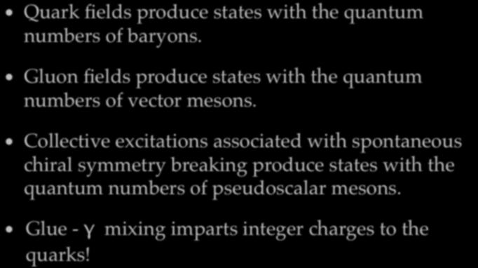 Quark fields produce states with the quantum numbers of baryons. Gluon fields produce states with the quantum numbers of vector mesons.
