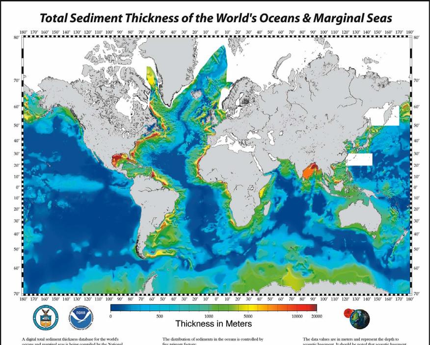 Sediment accumulation on the seafloor varies with: -the type of