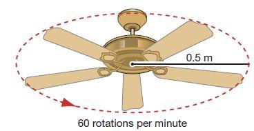 Calculating linear speed The blades on a ceiling fan spin at 60 rpm. The fan has a radius of 0.5 m. Calculate the linear speed of a point at the outer edge of a blade in m/s. 1.