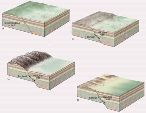 Normal fault: Faults Types of dip-slip faults Reverse and thrust faults Hanging wall block moves up relative to the footwall block Reverse