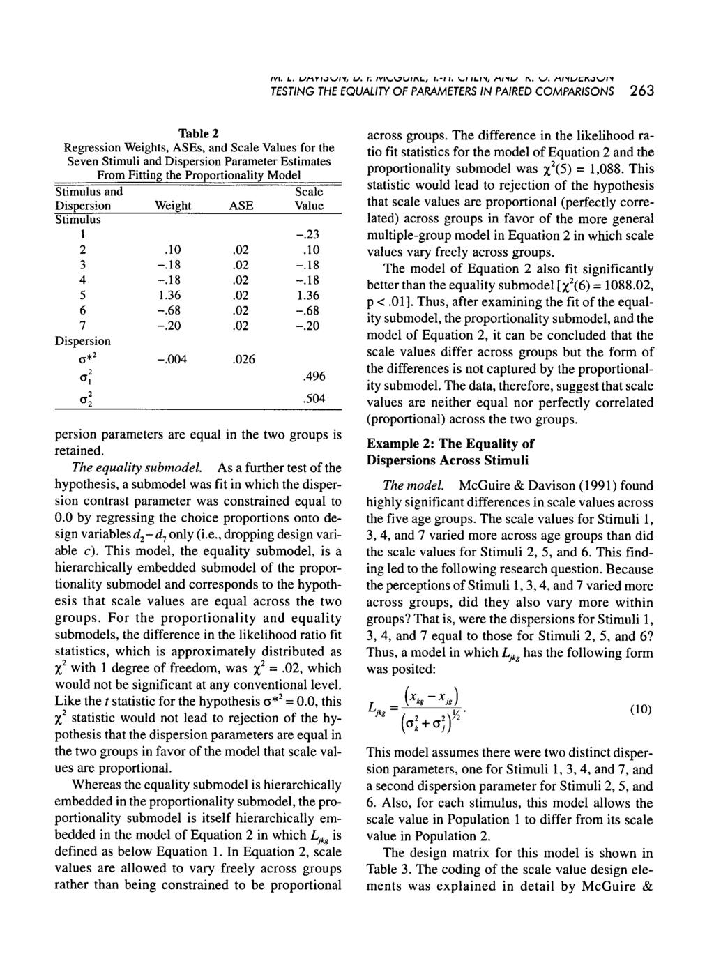 263 Table 2 Regression Weights, ASEs, and Scale Values for the Seven Stimuli and Dispersion Parameter Estimates From Fitting the Proportionality Model persion parameters are equal in the two groups