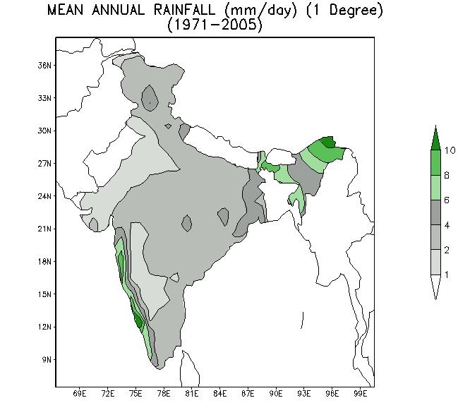 Fig.3 a) : Mean Annual rainfall (mm/day) using the 1.0 degree analysis of Rajeevan et al. (2006) Fig.
