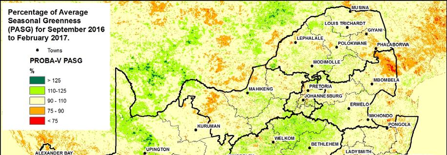 Higher vegetation activity (green colours) can be seen over large parts of the summer rainfall region as a