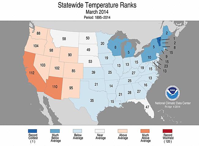 March Temperature Recap The pattern shows a clear ridge trough pattern across the country.