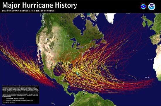 Track of hurricanes: Data from 1949 in the Pacific, from 1851 in the Atlantic http://www.nhc.noaa.