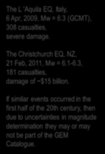 The Christchurch EQ, NZ, 21 Feb, 2011, Mw = 6.1-6.3, 181 casualties, damage of ~$15 billion.