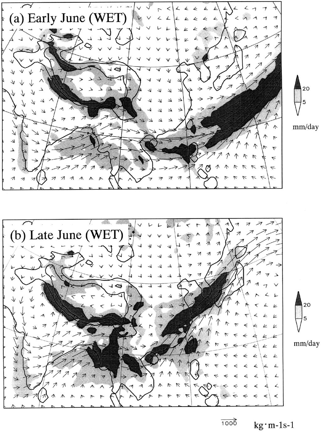 Effects of Soil Moisture of the Asian Continent upon the Baiu Front 107 Tibetan Plateau on the Baiu front. The precipitation and the water vapor transport in early and late June are shown in Figs.