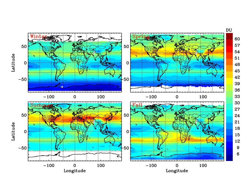 latitudes around 30ºS/N, especially nearly zonal bands of enhanced TCO of 36-48 DU at 20ºS-30ºS during the austral spring and at 25ºN-45ºN during the boreal spring and summer.