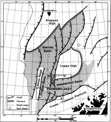 Figure 2 Main structural elements in the southwestern Barents Sea (from Sund et al. 1986). Study area is within the red square.