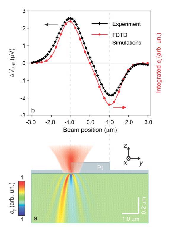 Fig.3 a, FDTD numerical simulation displaying the map of cy obtained when a Gaussian light beam (h = 0.8 ev, full width at half maximum w 1.5 m) is shone on one edge of the Pt stripe.