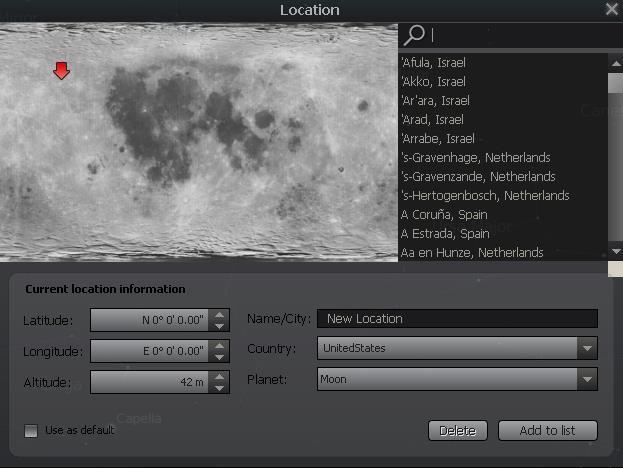 4) Trip to the Moon Click on the Compass icon on the Left-Toolbar to bring up the Location pop-up window. Set the Planet to: Moon Change the Latitude to: N 0 and press enter.