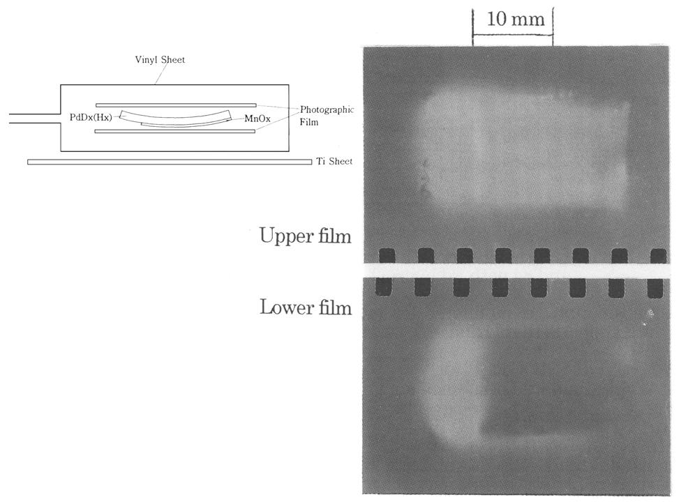 3.2 AUTORADIOGRAPHY Typical autoradiographs for Pd hydride after experiment are shown in Fig. 6. The lower photographic film was in direct contact with the Pd surface with MnOx film.