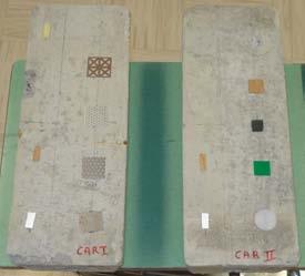 Fig. 1. Artificial defects on the concrete block before gluing the laminates (left picture); and the two samples with CFRP laminate plates glued on cement concrete blocks (right picture).