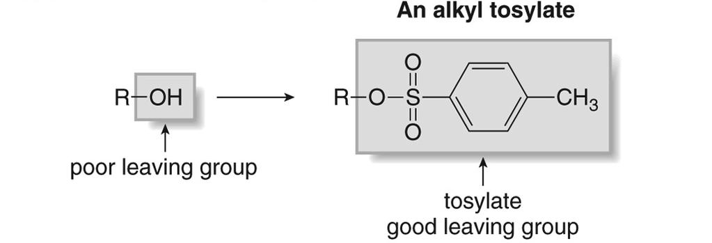 Conversion of Alcohols to Alkyl Bromides with PBr 3 Treatment of a 1 o or 2 o alcohol with PBr 3 forms an alkyl bromide. Tosylate as Leaving Group Alcohols can be converted into alkyl tosylates.
