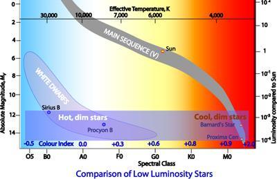 H-R Diagram Procyon B and Barnard's Star share the same low luminosity with an absolute magnitude of about +13.