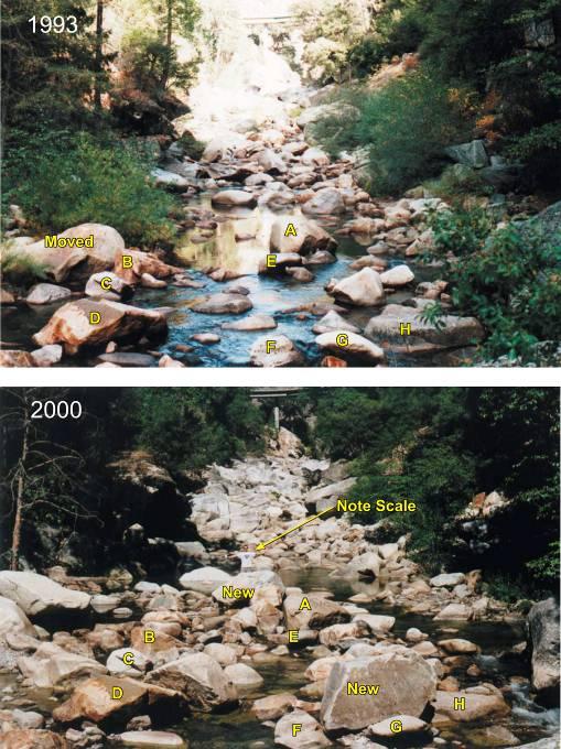 Small boulder point bar formed by a 75-yr flood from 1993 to 2000, photos taken