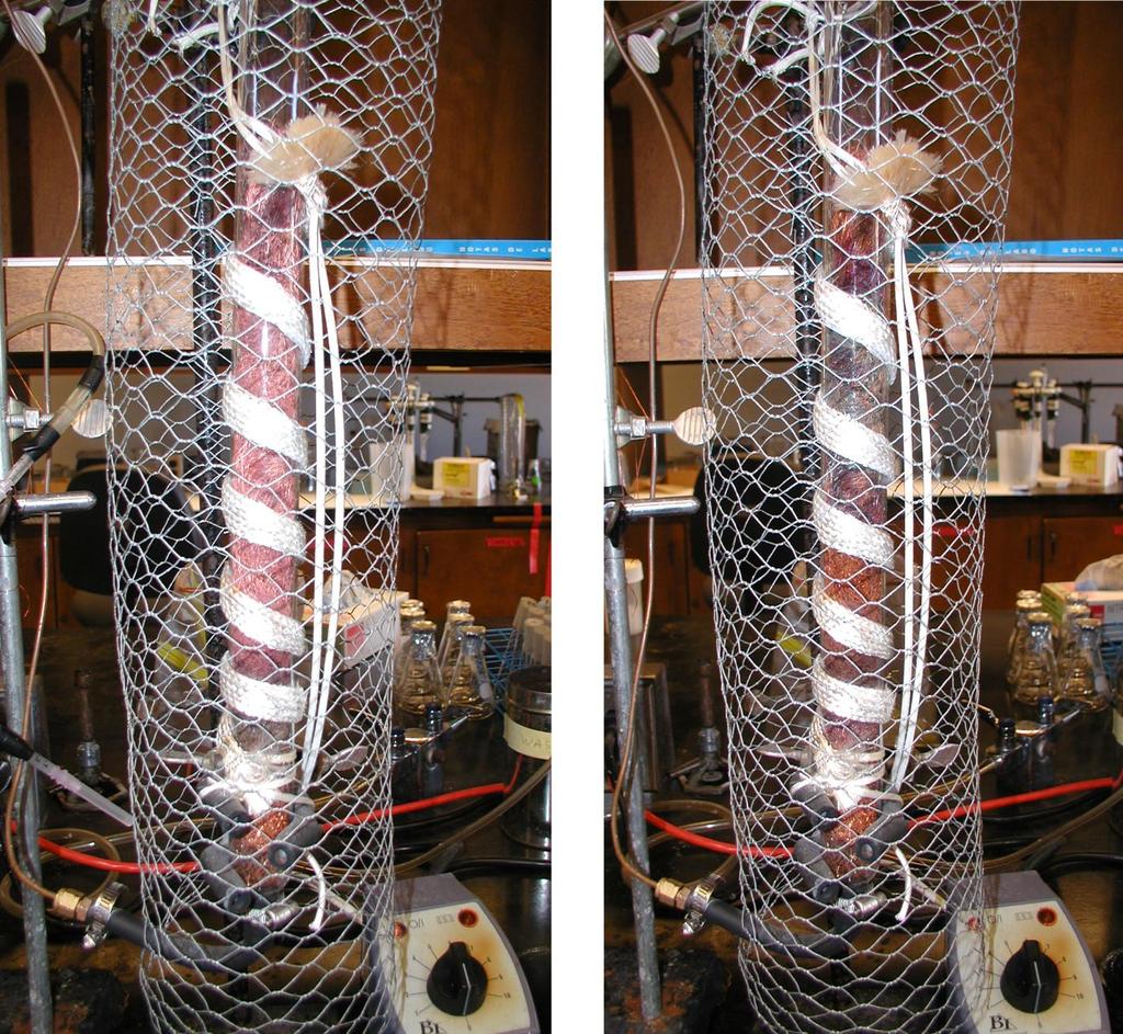 Fig. 2.6.1 Copper reduced (left) and oxidized (right) for oxygen removal in gassing station. The gas can be directed either to a vent, to a series of 7 cannula ports, or to a syringe port.