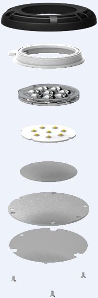 5. Product Components (1) Upper Bracket (2) Gasket (3) Lens (4) LED Package (8 units) (5)