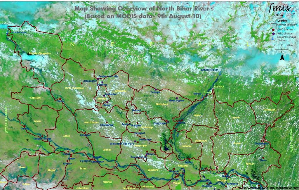 Based on Moderate Resolution Imaging Spectroradiometer (MODIS) satellite data: We are regularly monitoring the river status with the help of MODIS satellite data of during flood and post flood also.