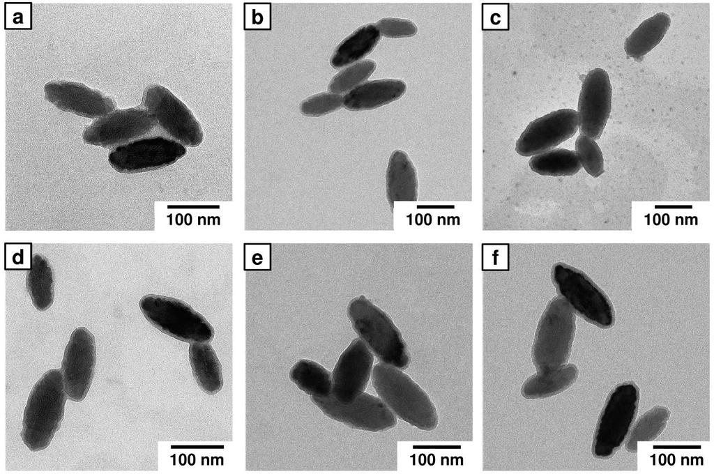 69 Figure 4.1.2. TEM images of silica coated hybrid hematite nanoparticles: Fe 2 O 3 -el-0.4pp-1 (a); Fe 2 O 3 -el-0.4pp-2 (b); Fe 2 O 3 -el-0.4pp-3 (c); Fe 2 O 3 -el-0.6pp-1 (d); Fe 2 O 3 -el-0.