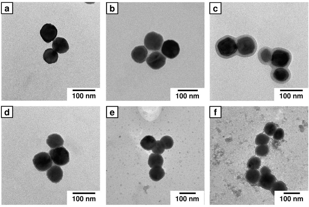 70 Figure 4.1.3. TEM images of silica coated hybrid hematite nanoparticles: Fe 2 O 3 -sp-0.4pp-1 (a); Fe 2 O 3 -sp-0.4pp-2 (b); Fe 2 O 3 -sp-0.4pp-3 (c); Fe 2 O 3 -sp-0.6pp-1 (d); Fe 2 O 3 -sp-0.