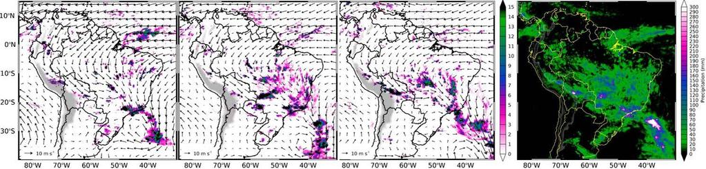 Example: the 2011 floods over southeastern Brazil: more than 300mm in coastal areas of SE Brazil in 3 days TRMM and 850hPa winds: Jan11 6:00 UTC TRMM and 850hPa winds: Jan 12 6:00 UTC TRMM and 850hPa