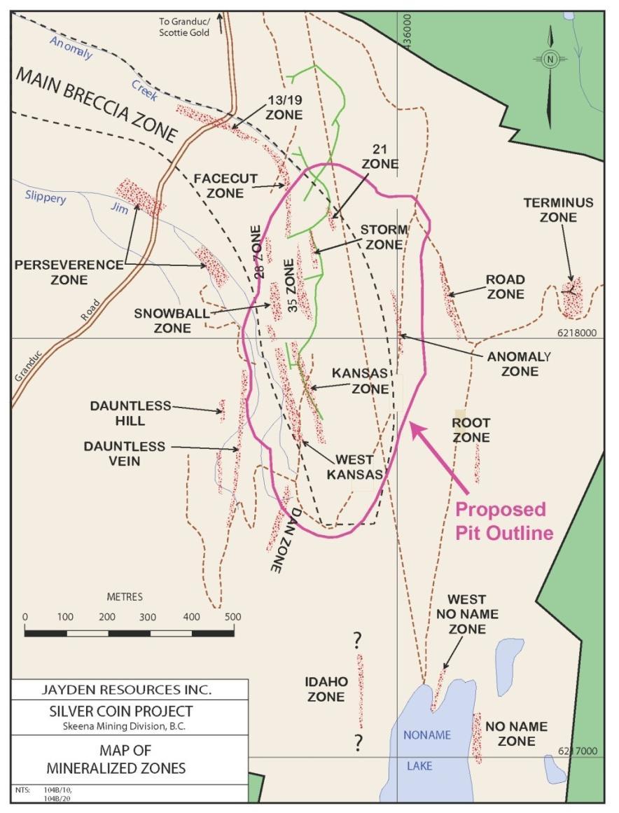 SILVER COIN MINERALIZATION 20 mineralized zones identified across the property to date Most significant is the Main Breccia Zone 700 to 1000 meters long 300 to 500 meters wide Up to 100 meters in